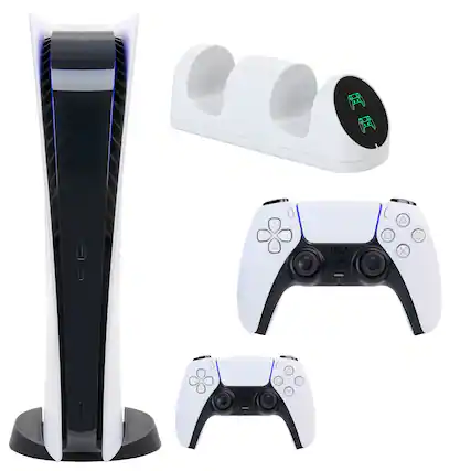 Front. Sony - PS5 Digital Console with Extra White Dualsense Controller and Dual Charging Dock - White.