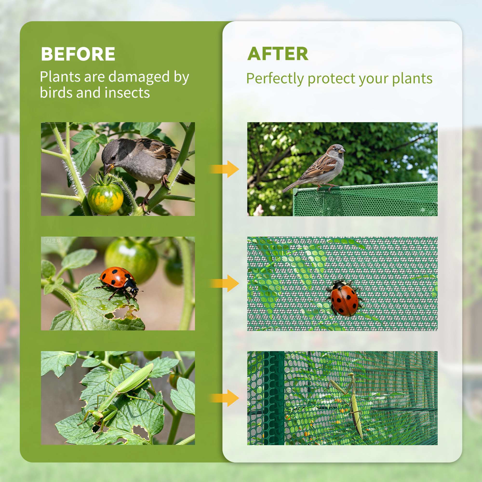 BEFORE  
Plants are damaged by birds and insects

AFTER  
Perfectly protect your plants