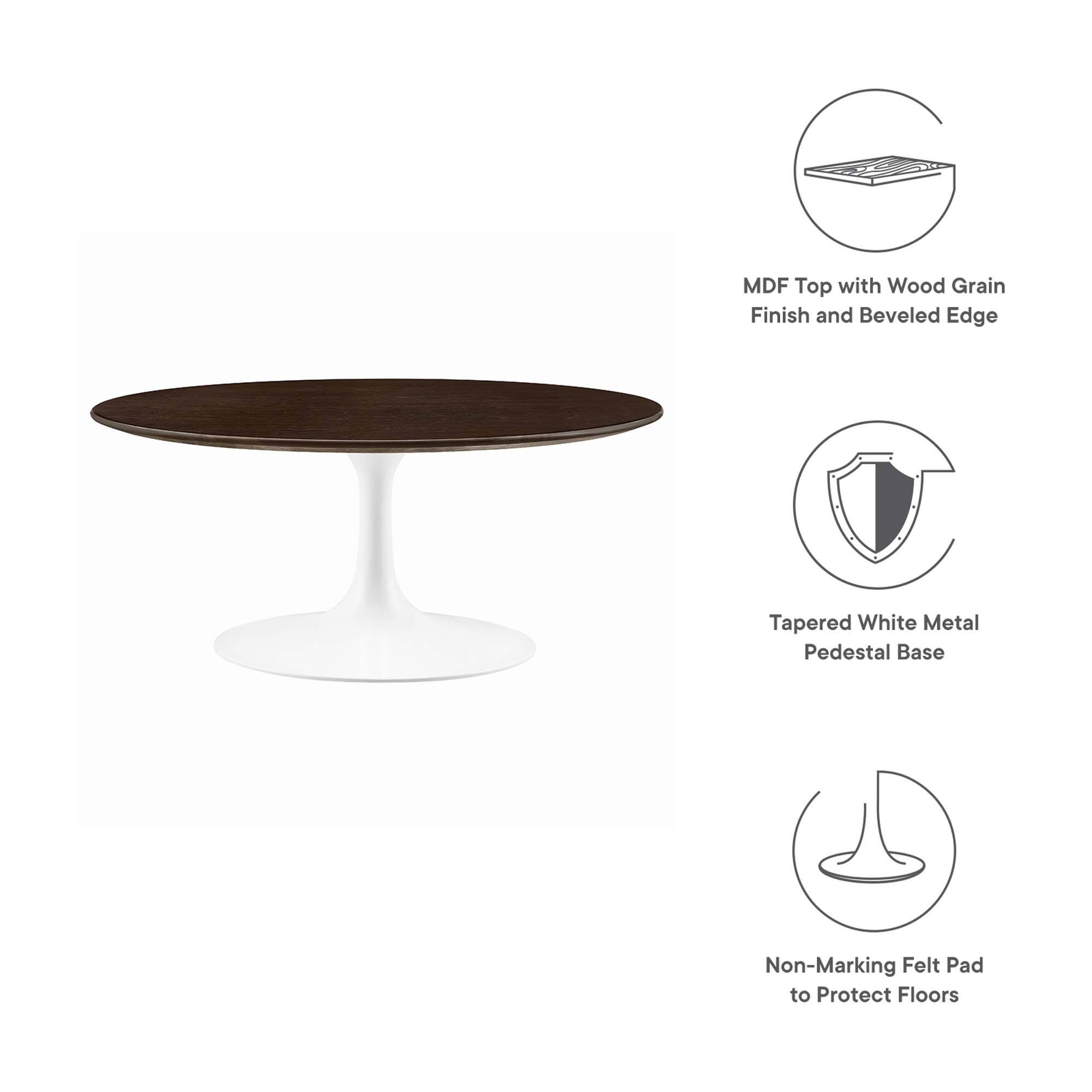 MDF Top with Wood Grain Finish and Beveled Edge  
Tapered White Metal Pedestal Base  
Non-Marking Felt Pad to Protect Floors