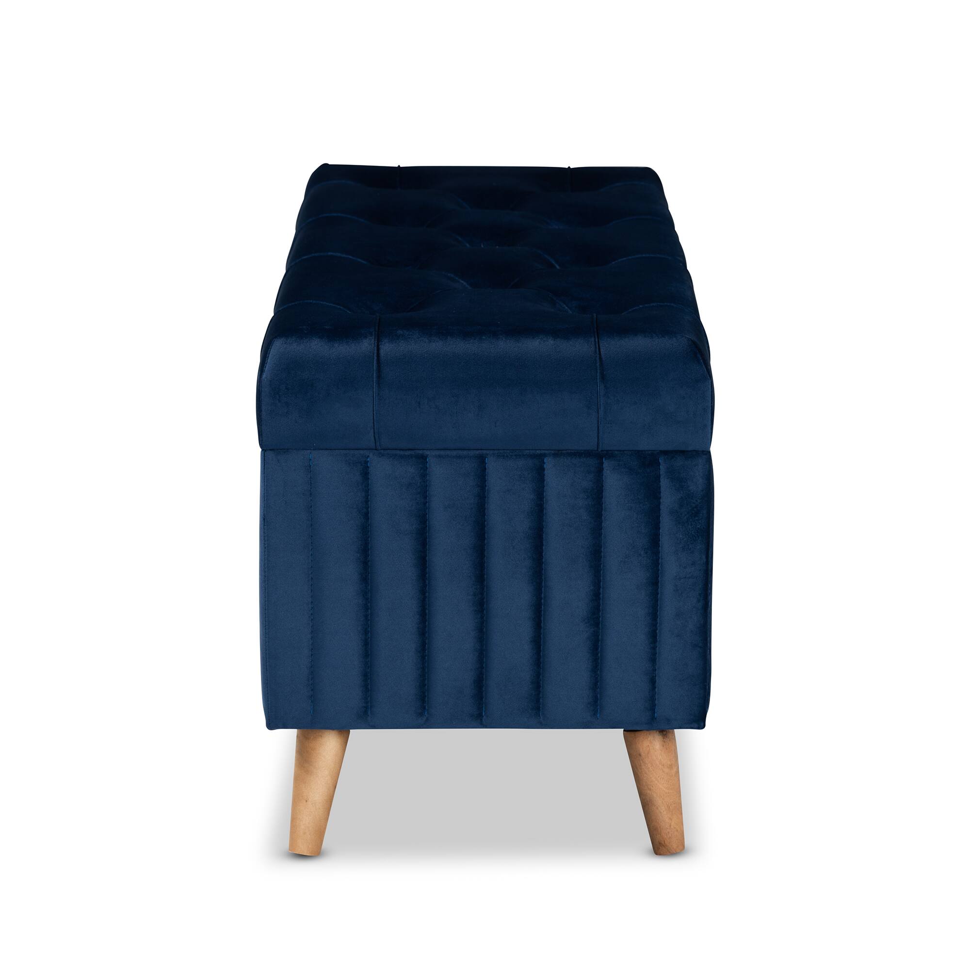 Back. Baxton Studio - Hanley Modern and Contemporary Velvet Fabric Upholstered and Walnut Brown Finished Wood Storage Ottoman - Navy Blue/Walnut Brown.