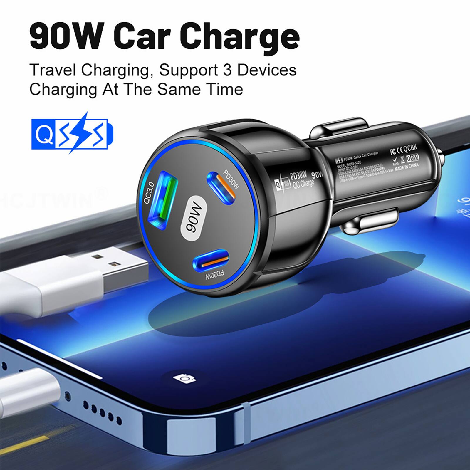 90W Car Charge Travel Charging, Support 3 Devices Charging At The Same Time

QC3.0 90W PD30W PD30W 90W S QC Charge Charger

FC CCE QCBK

Gaick De

PES Dna

0og MOCE

-hiot

- GR

An I

CHINA

nothing_totnsc

12 Wke

MADE g

PD30W