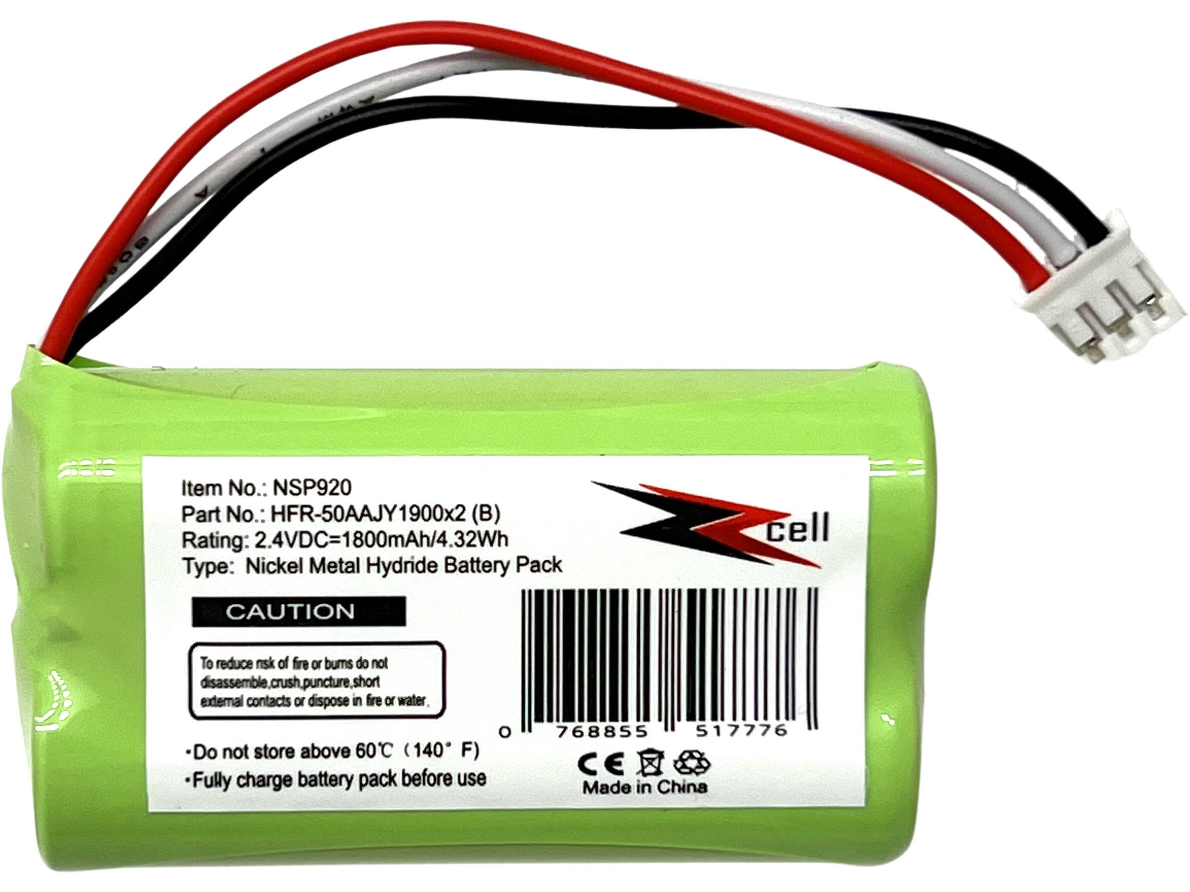 Item No.: NSP920  
Part No.: HFR-50AAJY1900x2 (B)  
Rating: 2.4VDC=1800mAh/4.32Wh  
Type: Nickel Metal Hydride Battery Pack  

CAUTION  
To reduce risk of fire or burns do not disassemble, crush, puncture, short external contacts or dispose in fire or water.  
Do not store above 60°C (140°F)  
Fully charge battery pack before use  

768855 517776  
CE  
Made in China