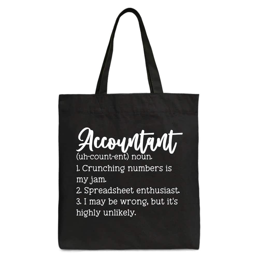OrnamentallyYou - Accountant Definition Canvas Tote Bag, Finance Office Employee Gift Shopper - Black