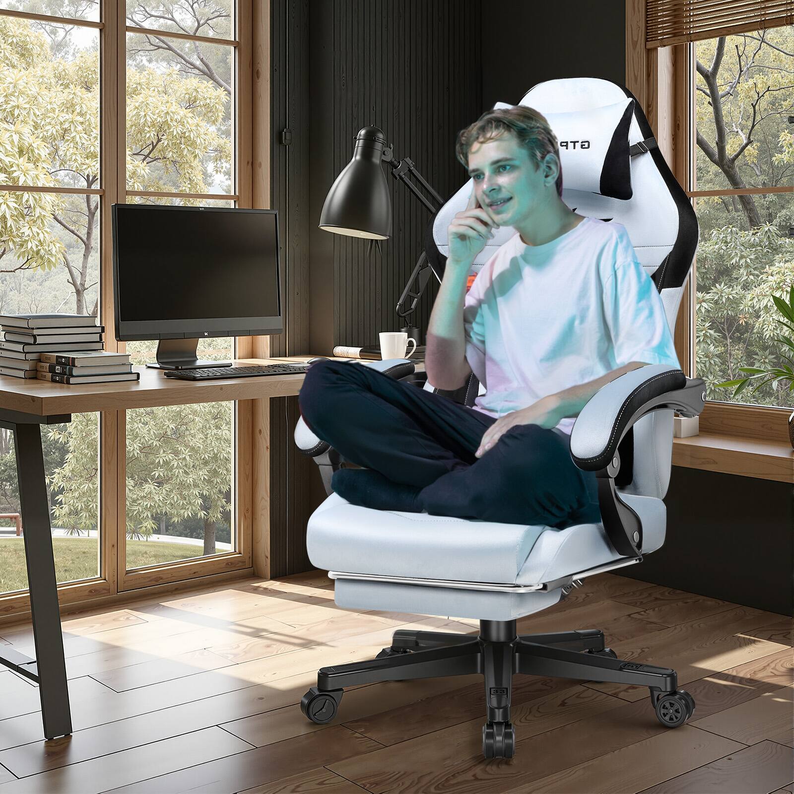 Alt View 4. GTPlayer - Gaming Chair with Extended Backrest Fabric Computer Chair,Light Blue - Light Blue.