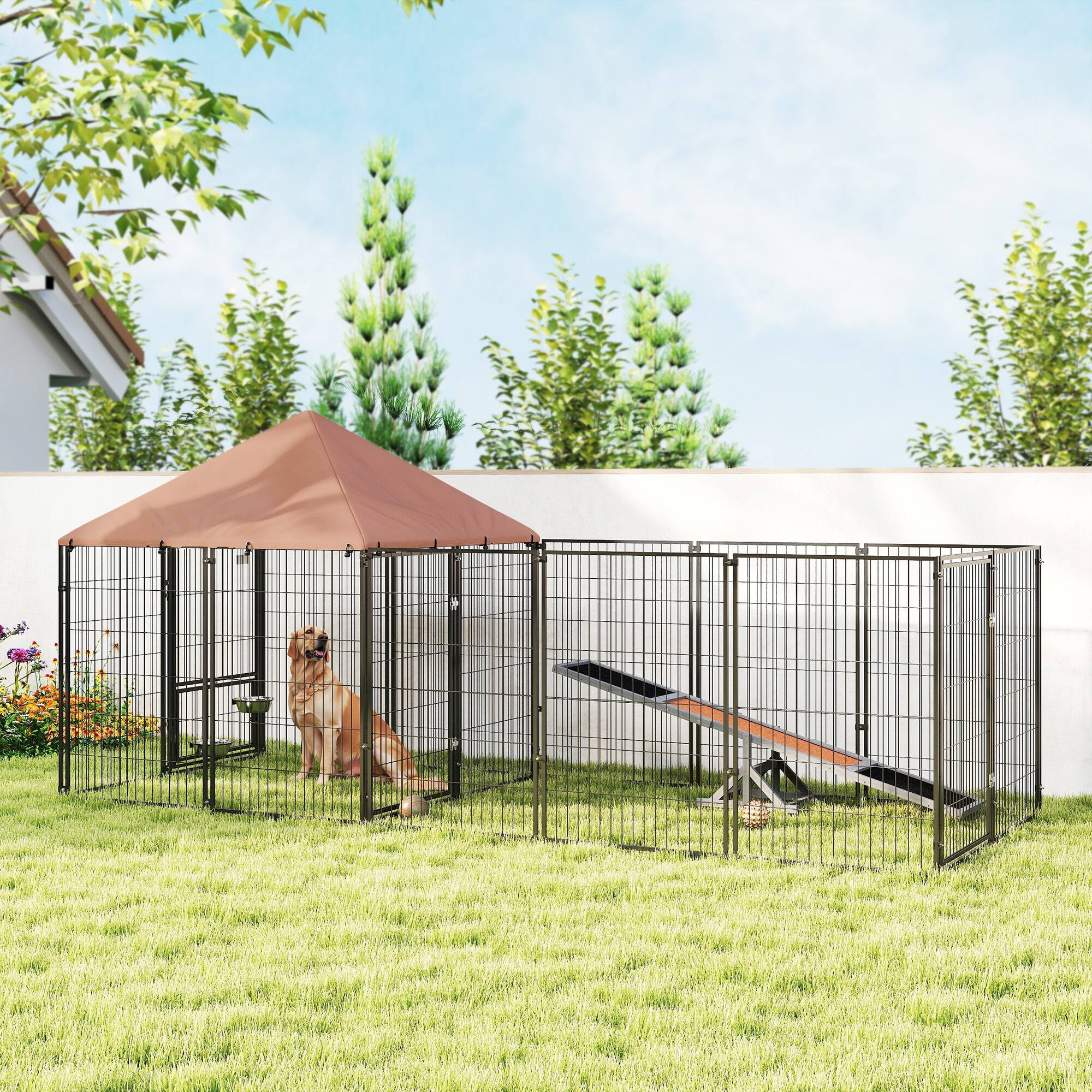 Angle. Pawhut - Dog Kennel Outside, Large Run, Rotating Bowls, Waterproof Canopy, Welded Wire, 11.3'x4.7'x5.1'.
