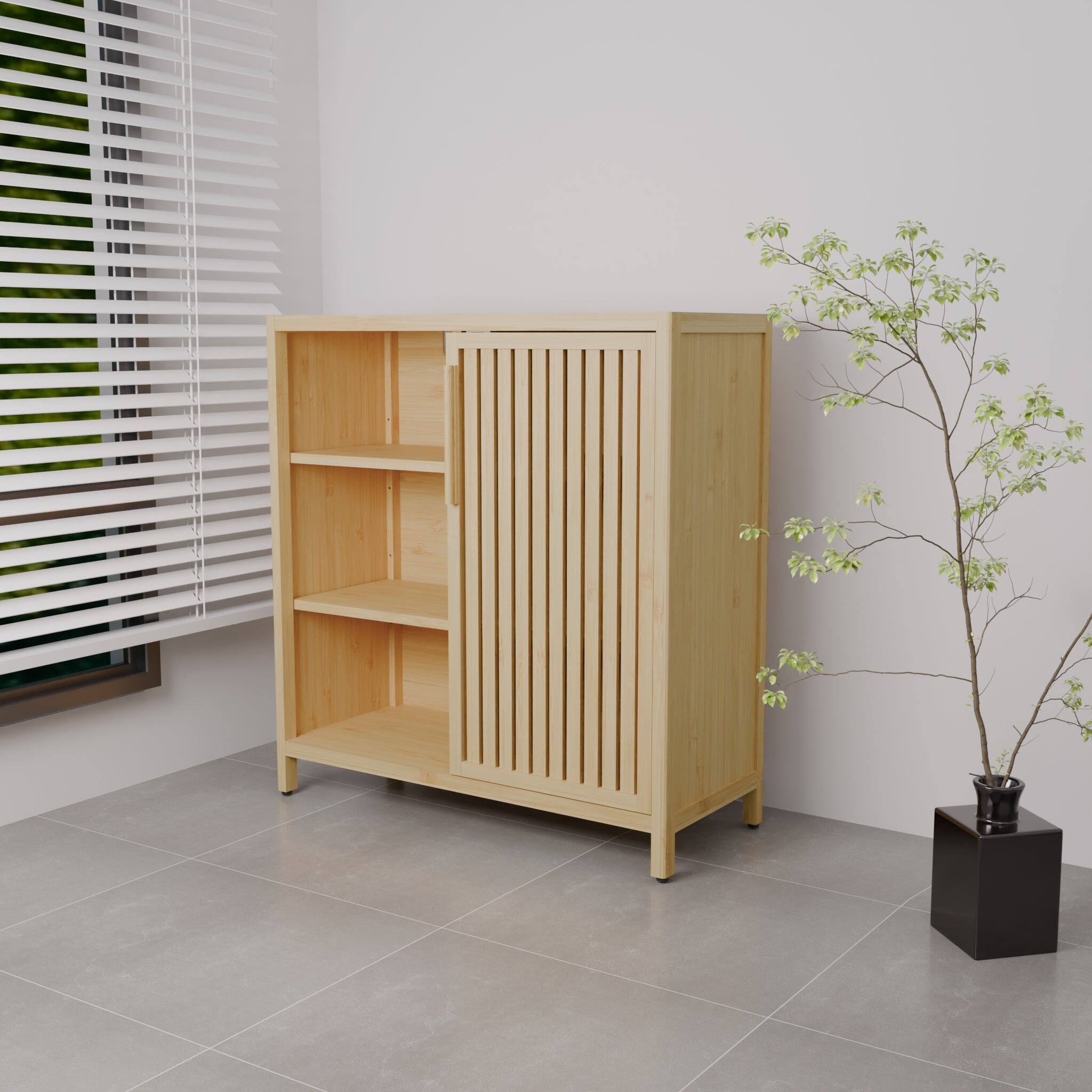 Alt View 4. Boyel Living - Large Capacity Single Door Bamboo Storage Cabinet with Open Shelves Slim Freestanding Organizer - Natural.