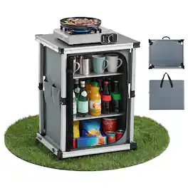 VEVOR - Folding Camping Storage Cabinet, Outdoor Portable Aluminum Lightweight Table, Quick Set-up Compact Kitchen Cook Station - Gray
