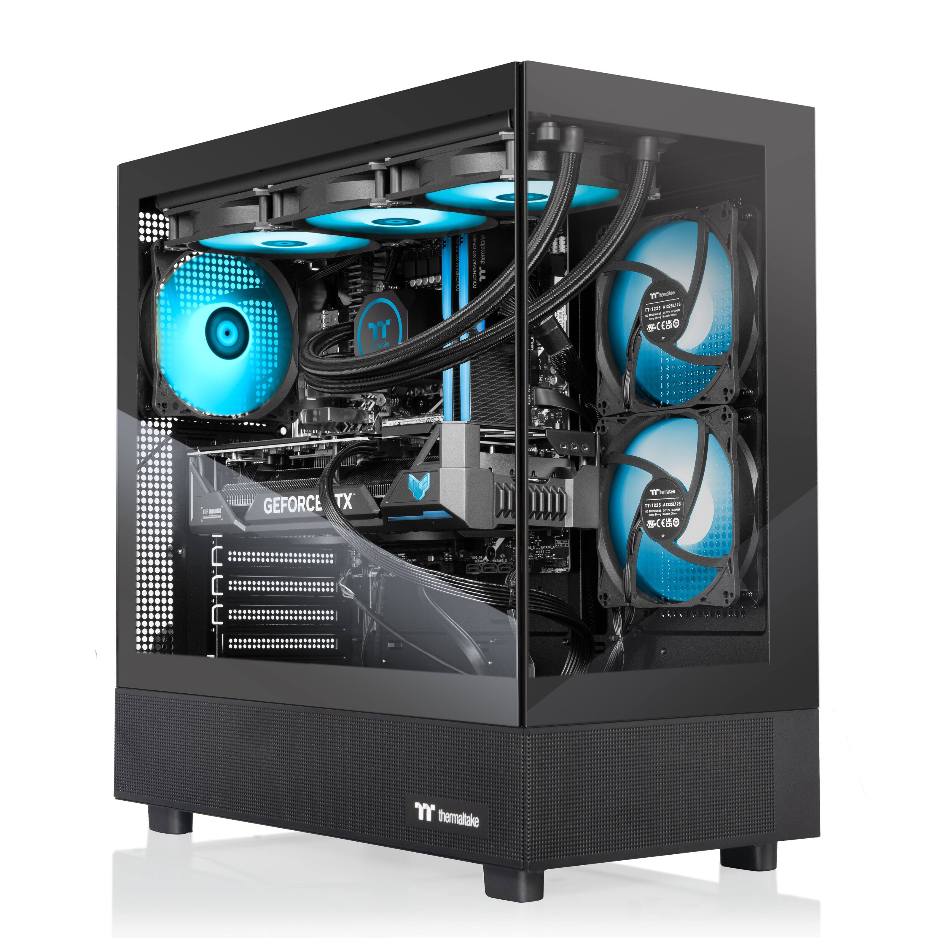 The image features a black computer case with a blue and white design. The case is filled with various computer components, including a motherboard, a CPU, and two blue fans. The fans are positioned on the left and right sides of the case, providing efficient cooling for the computer. The case is likely designed for high-performance gaming or other demanding applications, as it houses powerful components and is equipped with effective cooling solutions.