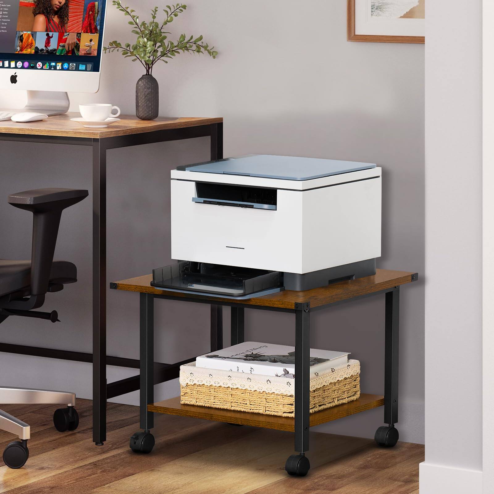 Alt View 2. Dazzling Pops - Lerliuo Under Desk Printer Stand, 2-Tier Industrial Mobile Printer Table with Storage Shelf and Steel Frame... - White 2-Tier.