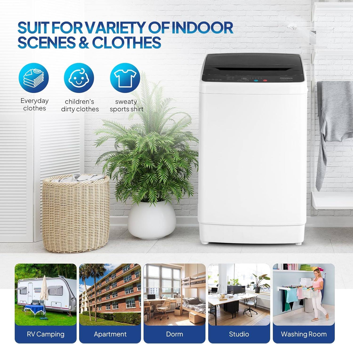 SUIT FOR VARIETY OF INDOOR SCENES & CLOTHES

- Everyday clothes
- children's dirty clothes
- sweaty sports shirt

RV Camping
Apartment
Dorm
Studio
Washing Room