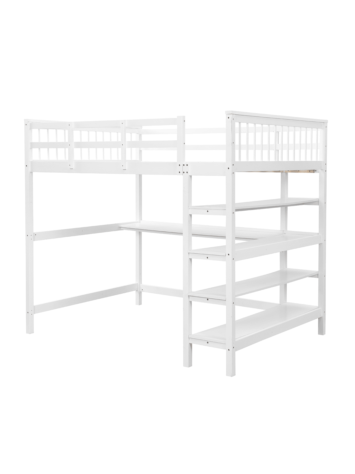 Left. Trinkets Crazed - Twin Loft Bed With Desk And 4-Layer Shelves, Loft Bed Twin Size With Under Desk And Bookcase Storage - White.