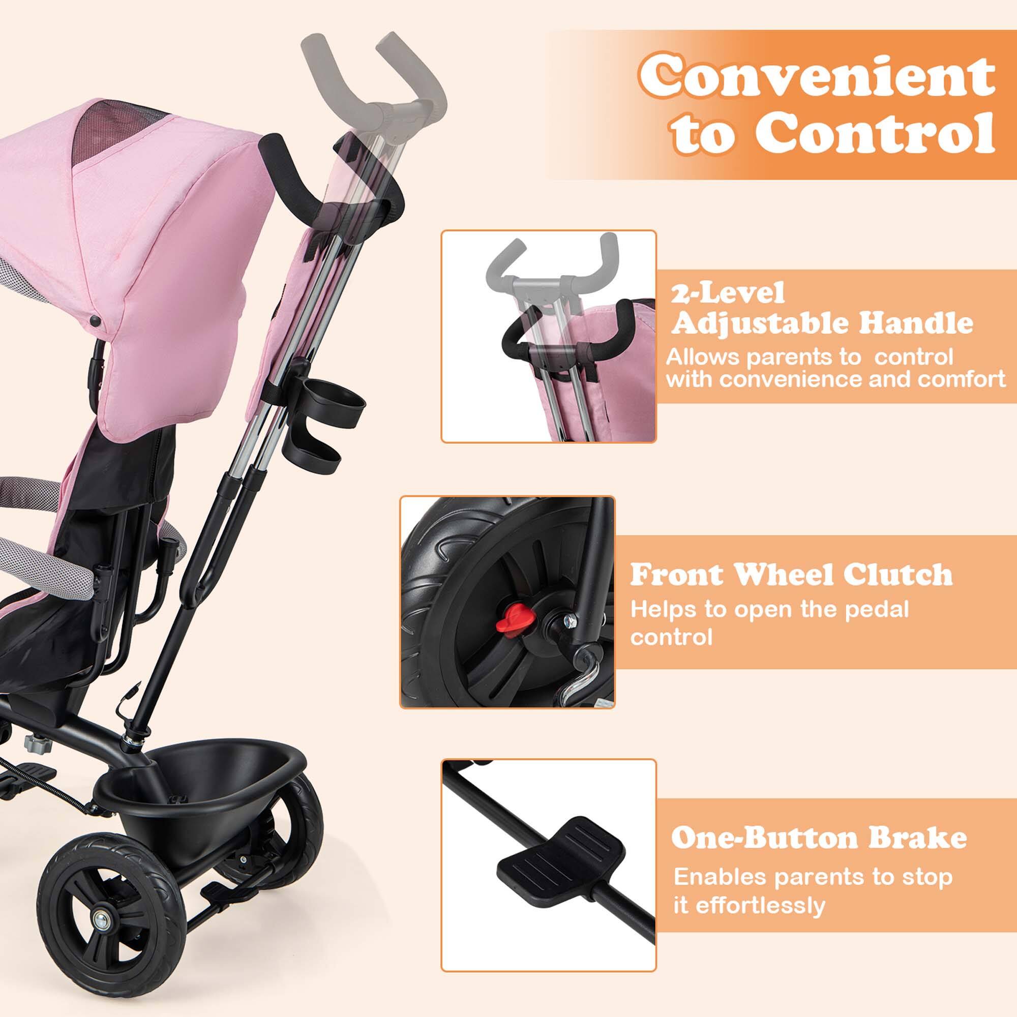 Convenient to Control

2-Level Adjustable Handle  
Allows parents to control with convenience and comfort

Front Wheel Clutch  
Helps to open the pedal control

One-Button Brake  
Enables parents to stop it effortlessly