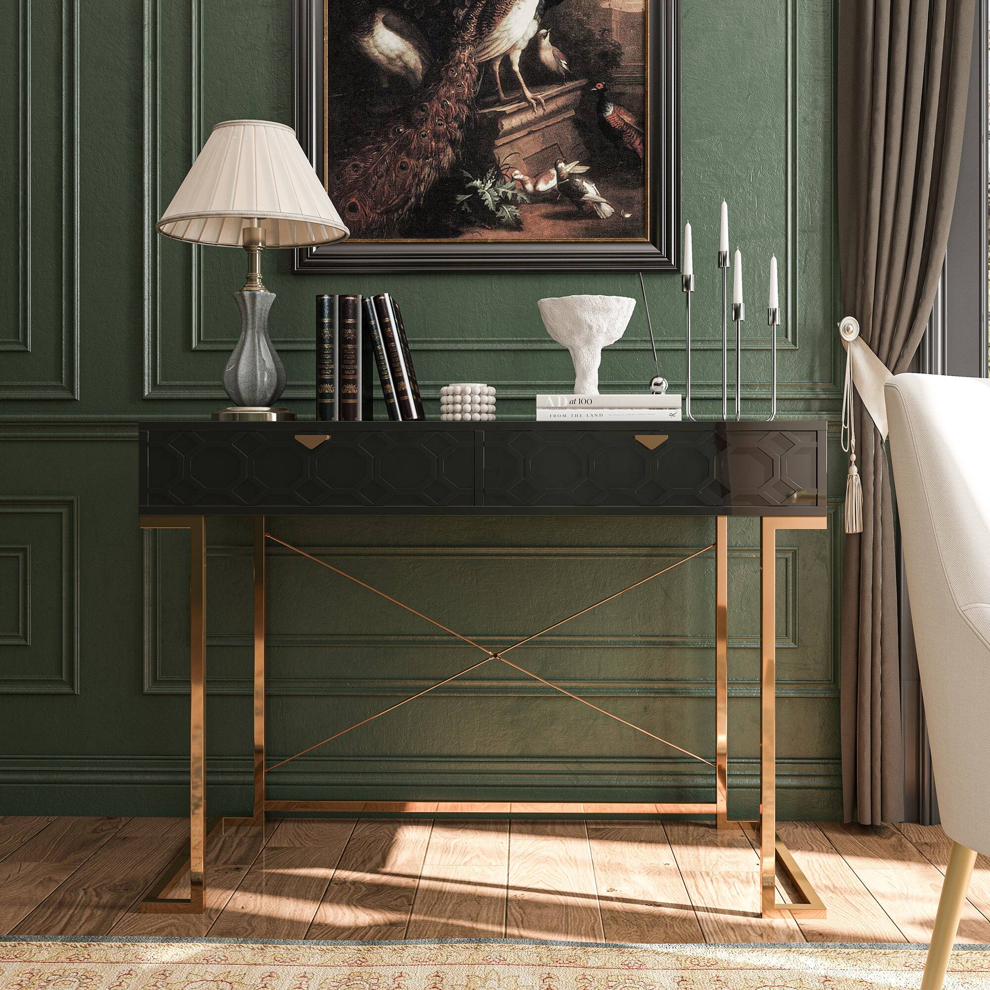 Alt View 7. Boyel Living - 42 in. Rectangular Black Wood End Table Writing Desk with Metal Stand - Black.