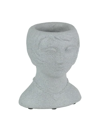 Front. Things2Die4 - Roaring 20's Flapper Lady Gray Concrete Head Mini Planter 6 Inches Tall - White.