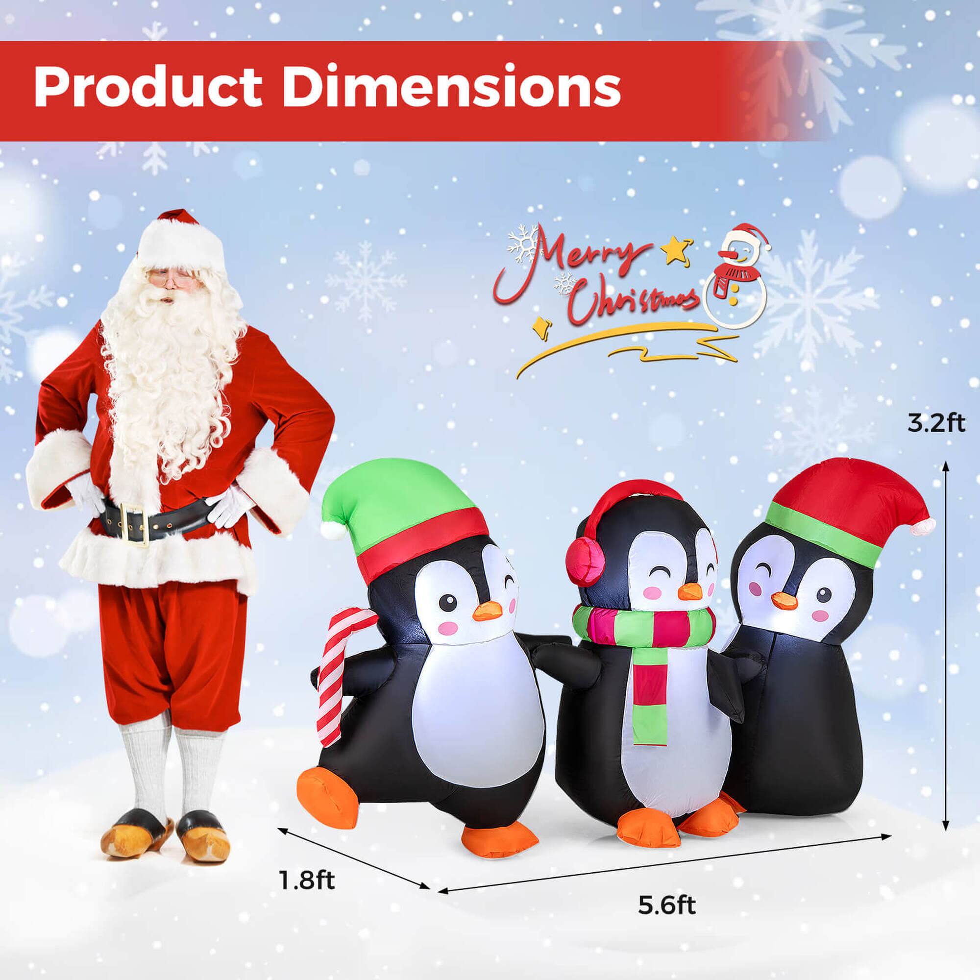 Product Dimensions

Merry Christmas

- Santa Claus: 3.2ft
- Penguins: 1.8ft (width) x 5.6ft (length)