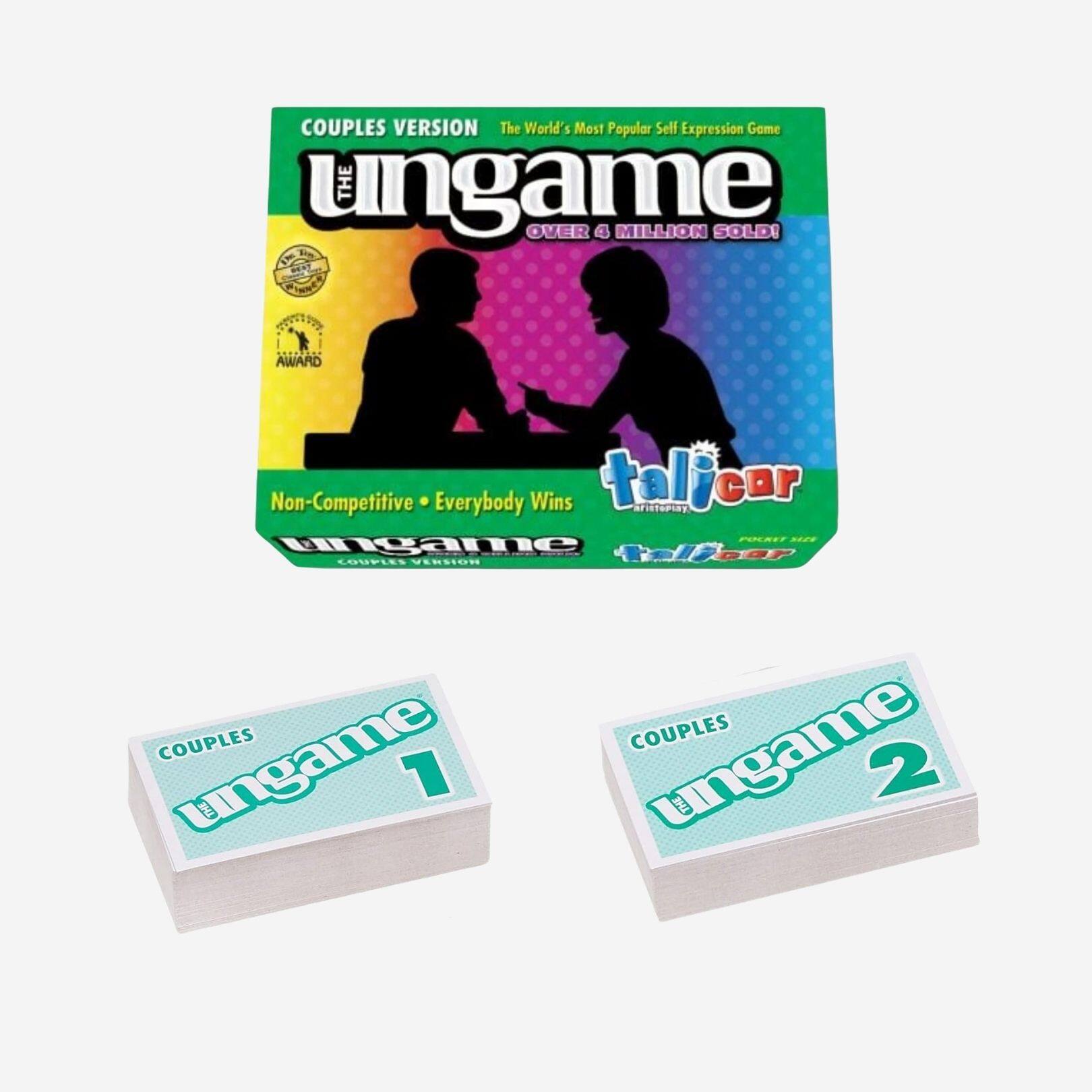 COUPLES VERSION  
The World's Most Popular Self Expression Game  
OVER 4 MILLION SOLD!  

Non-Competitive • Everybody Wins  

COUPLES ungame 1  
COUPLES ungame 2