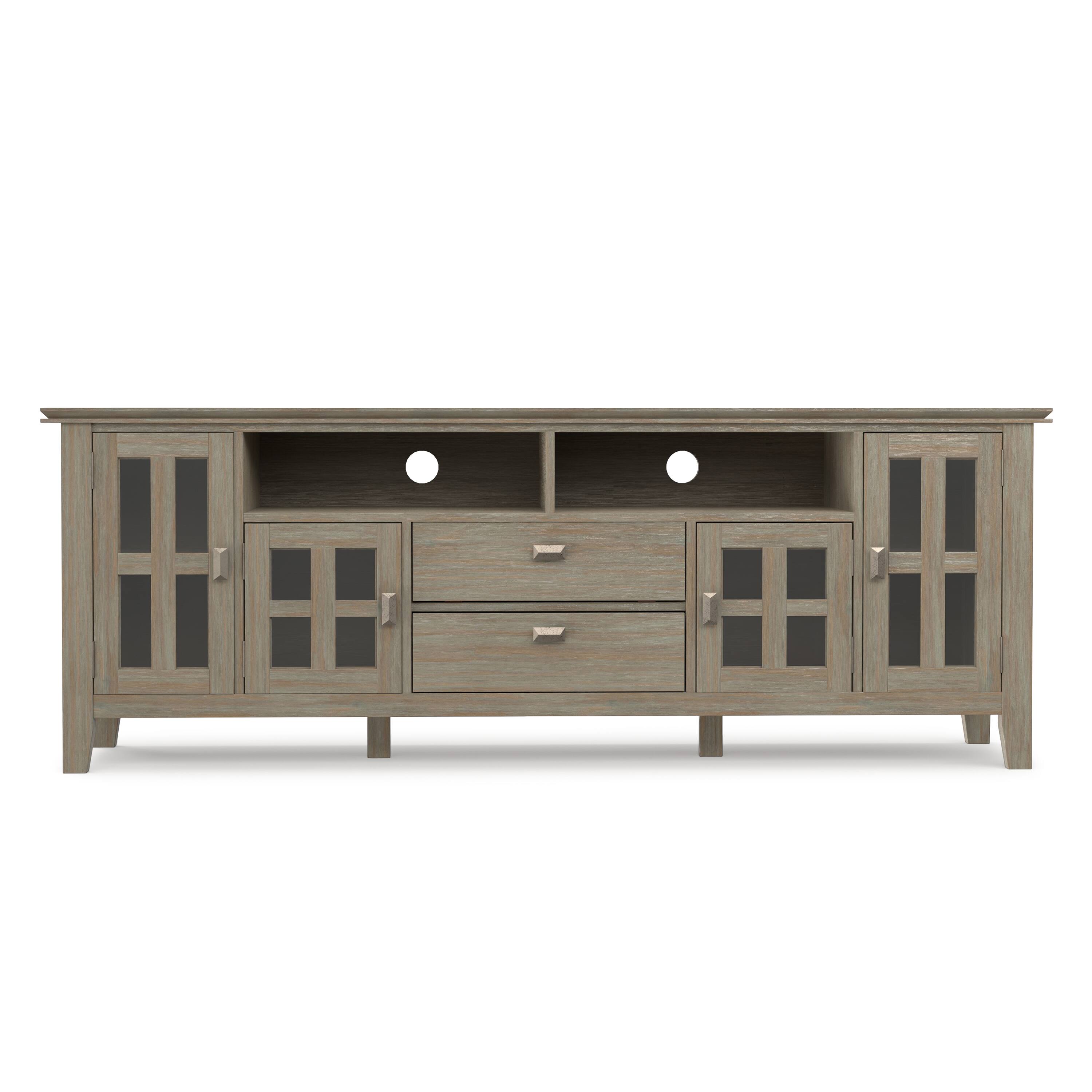 Left. Simpli Home - Artisan 72W Low TV Stand with Drawers, Glass Doors and Cubbies - Distressed Gray.