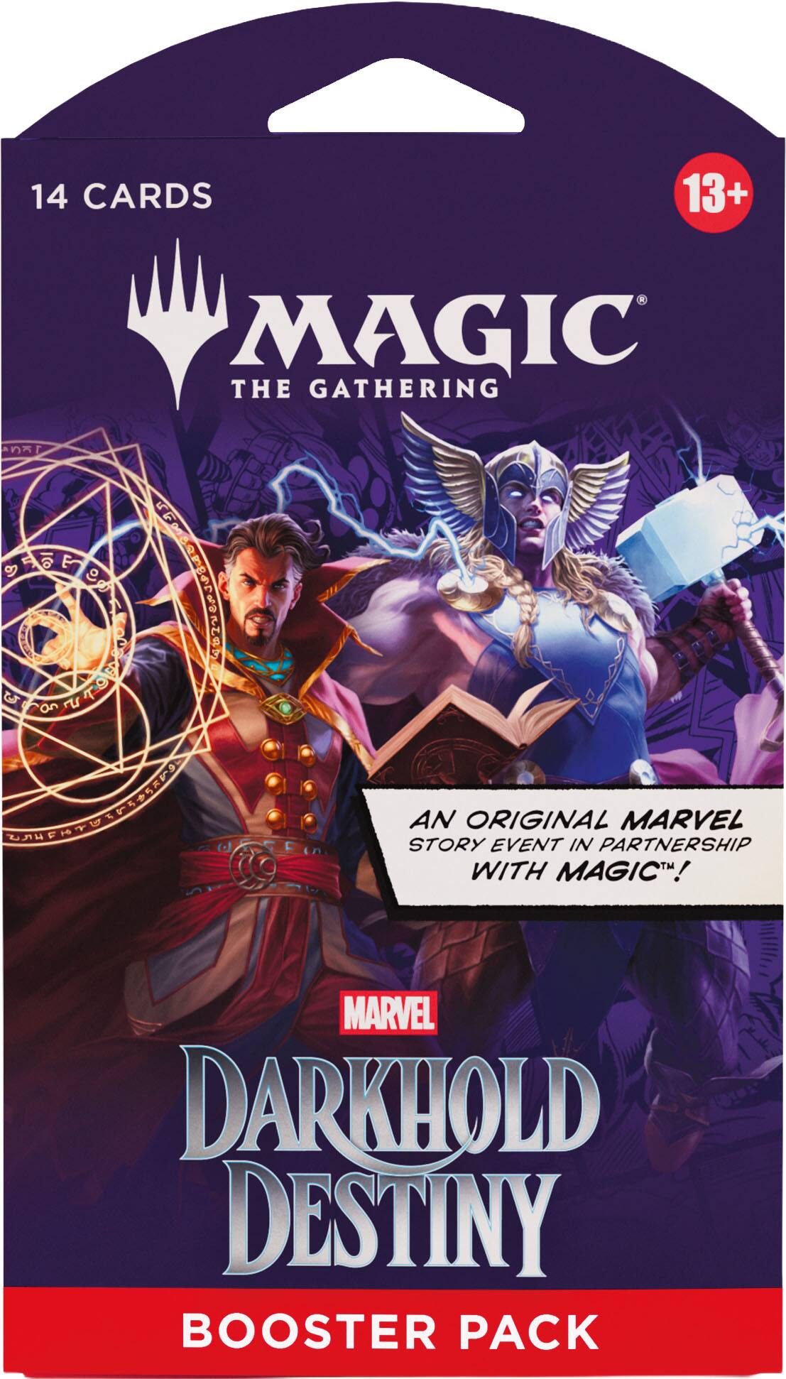 14 CARDS  
13+  
MAGIC THE GATHERING  
AN ORIGINAL MARVEL STORY EVENT IN PARTNERSHIP WITH MAGIC!  
MARVEL DARKHOLD DESTINY BOOSTER PACK