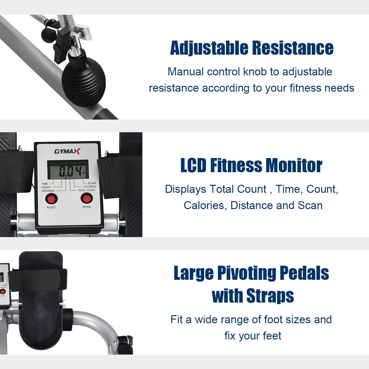Adjustable Resistance: Manual control knob to adjustable resistance according to your fitness needs.
LCD Fitness Monitor: Displays Total Count, Time, Count, Calories, Distance and Scan.
Large Pivoting Pedals with Straps: Fit a wide range of foot sizes and fix your feet.