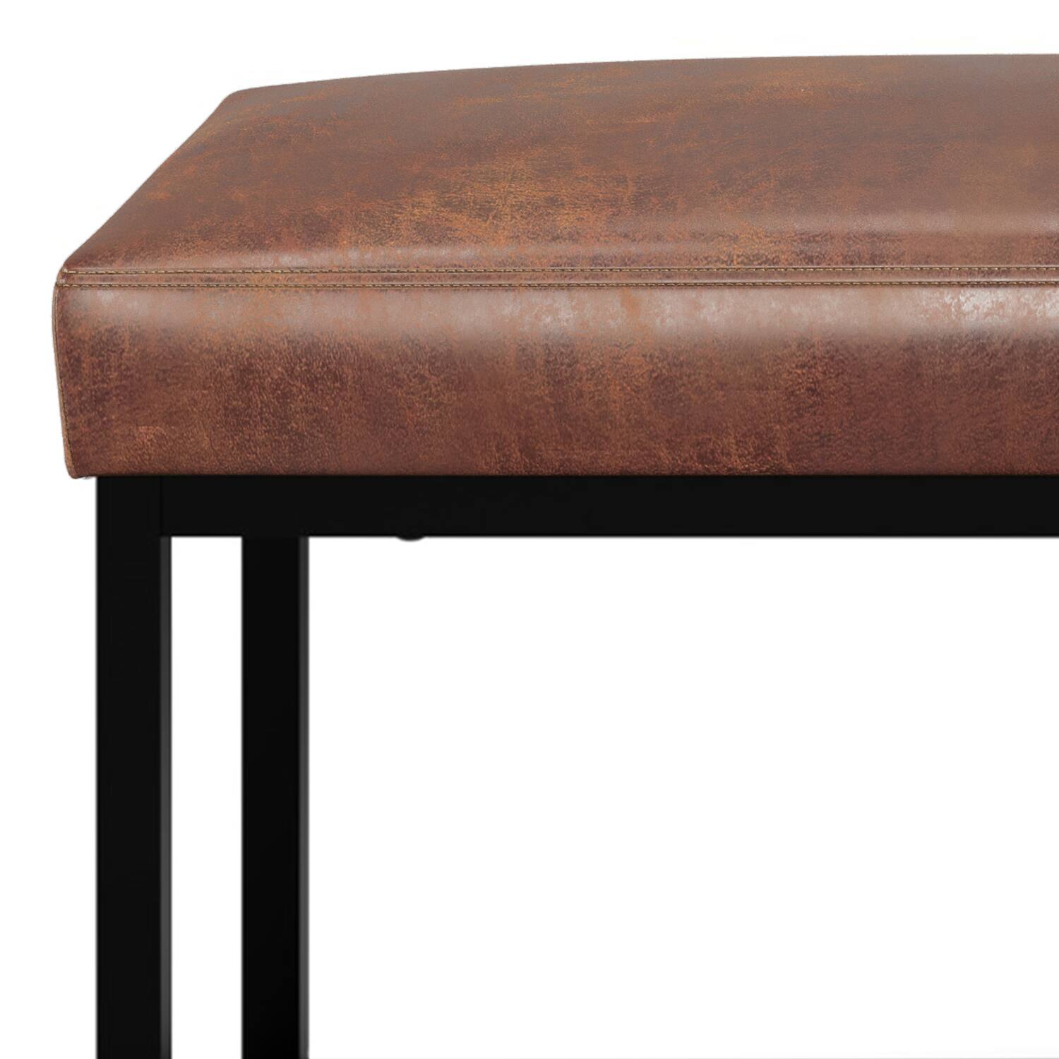 Alt View 4. Simpli Home - Reynolds Ottoman Bench in Distressed Saddle Brown Faux Leather - Distressed Saddle Brown.