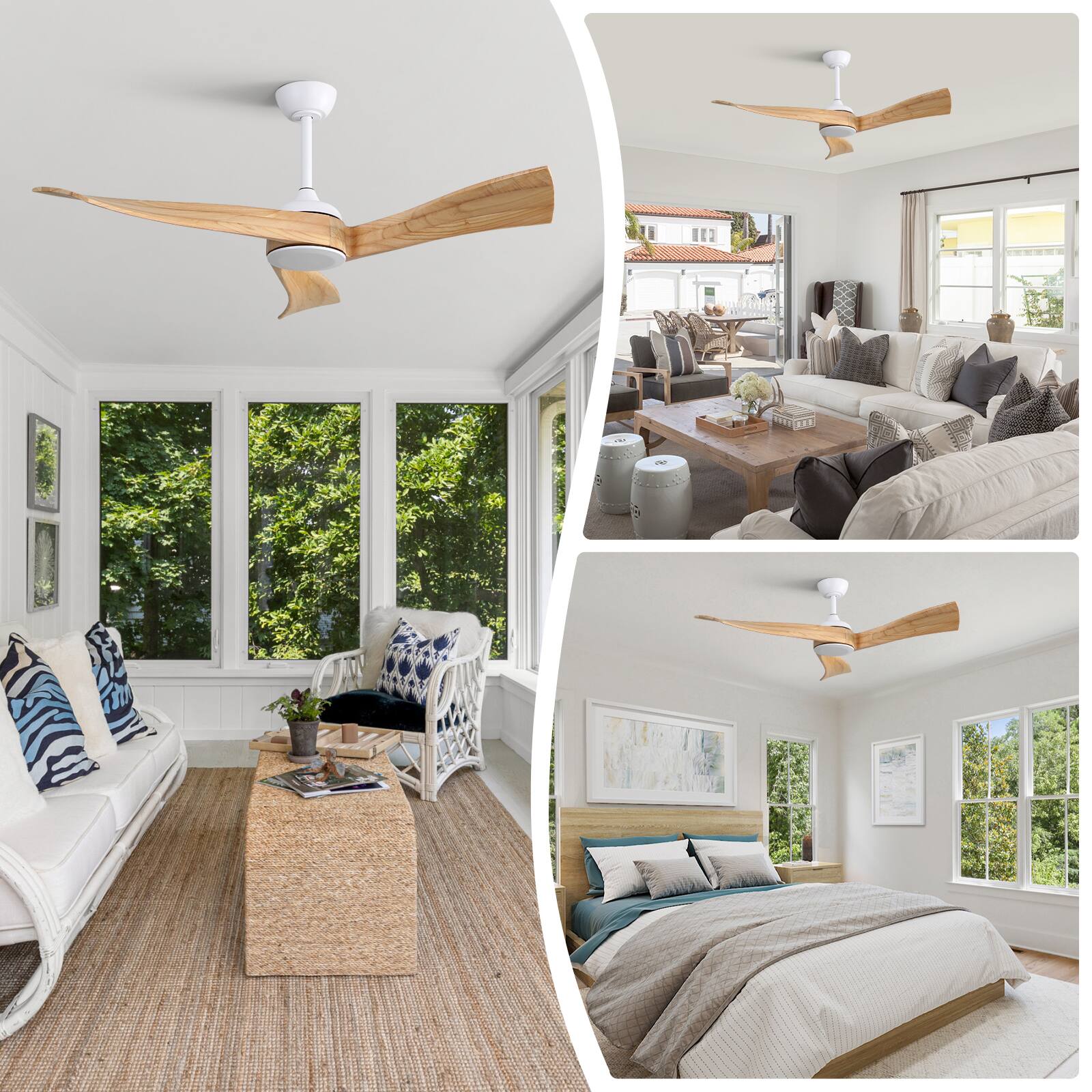 Alt View 4. Sofucor - 52 Inch Outdoor Indoor Ceiling Fan No Light Modern 3 Waved Blades Fan with Remote Reversible DC Motor 6 Speed Noiseless - White- Burley Wood.