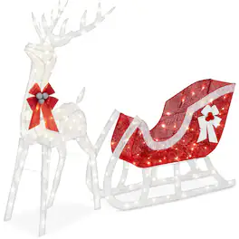 Best Choice Products - Lighted Christmas 4ft Reindeer & Sleigh Holiday Outdoor Decor Set w/205 LED Lights, Stakes - White - White - Large