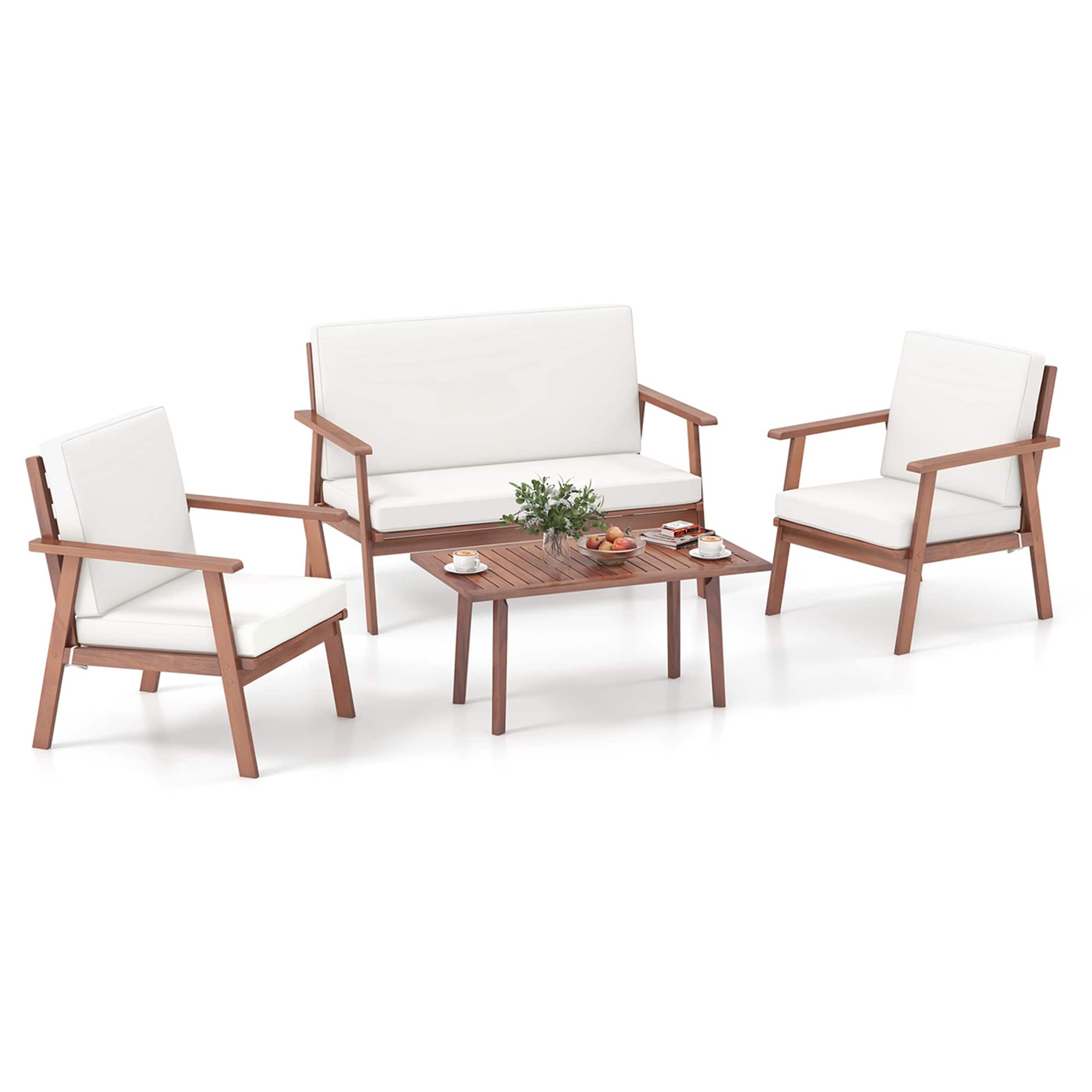Costway - 4 PCS Patio Conversation Set Acacia Wood Sofa Coffee Table with Cushioned Seat - Natural,Off White