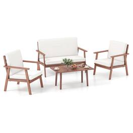 Costway - 4 PCS Patio Conversation Set Acacia Wood Sofa Coffee Table with Cushioned Seat - Natural,Off White