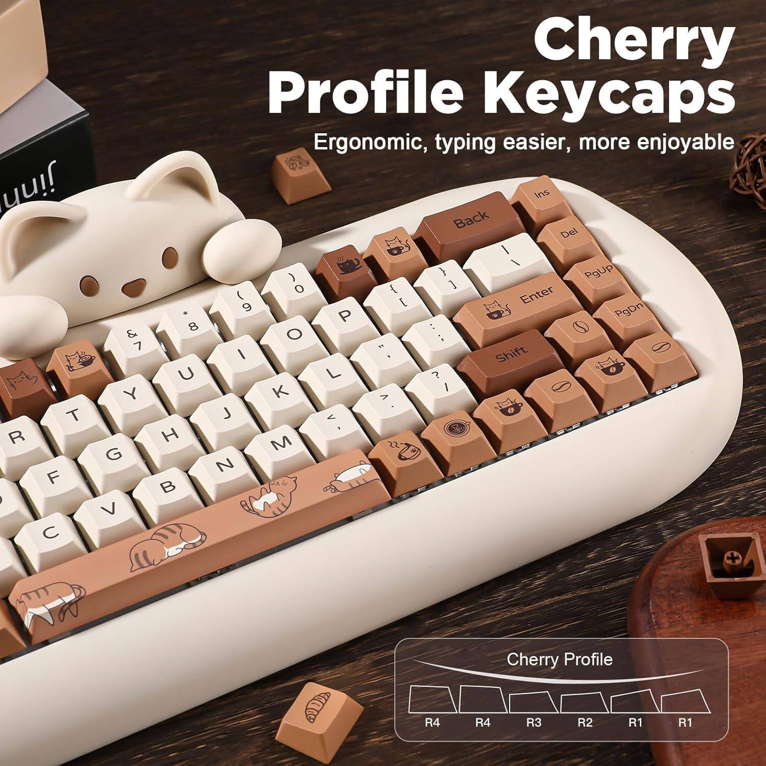Cherry Profile Keycaps: Ergonomic, typing easier, more enjoyable.