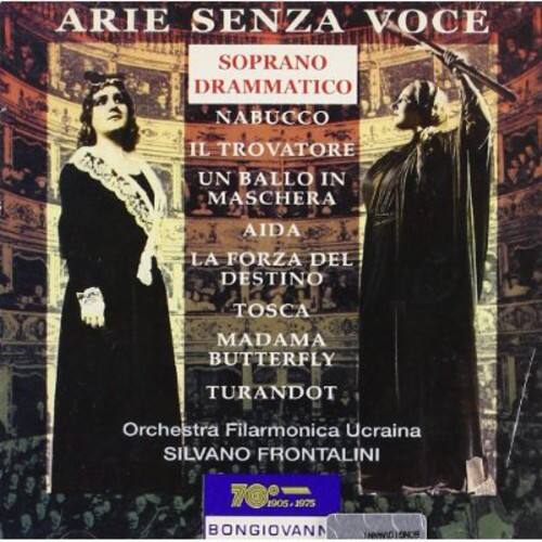 ARIE SENZA VOCE  
SOPRANO DRAMMATICO  
NABUCCO  
IL TROVATORE  
UN BALLO IN MASCHERA  
AIDA  
LA FORZA DEL DESTINO  
TOSCA  
MADAMA BUTTERFLY  
TURANDOT  

Orchestra Filarmonica Ucraina  
SILVANO FRONTALINI  

70%  
1905 1975  

BONGIOVANNI  
HD ONOS