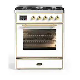 ILVE - Majestic II Series 30 in. Dual Fuel Range with 5 Sealed Burners (Natural Gas, Brass Trim) - White