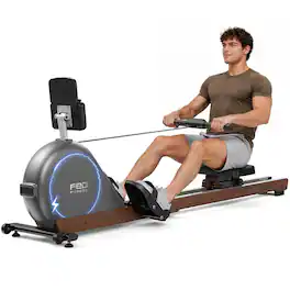 FED Fitness - RM11 Wooden Rowing Machine,Self-Powered System Foldable Magnetic Rower,Up to 132 lbs Resistance,Bluetooth App Compatible - Gray
