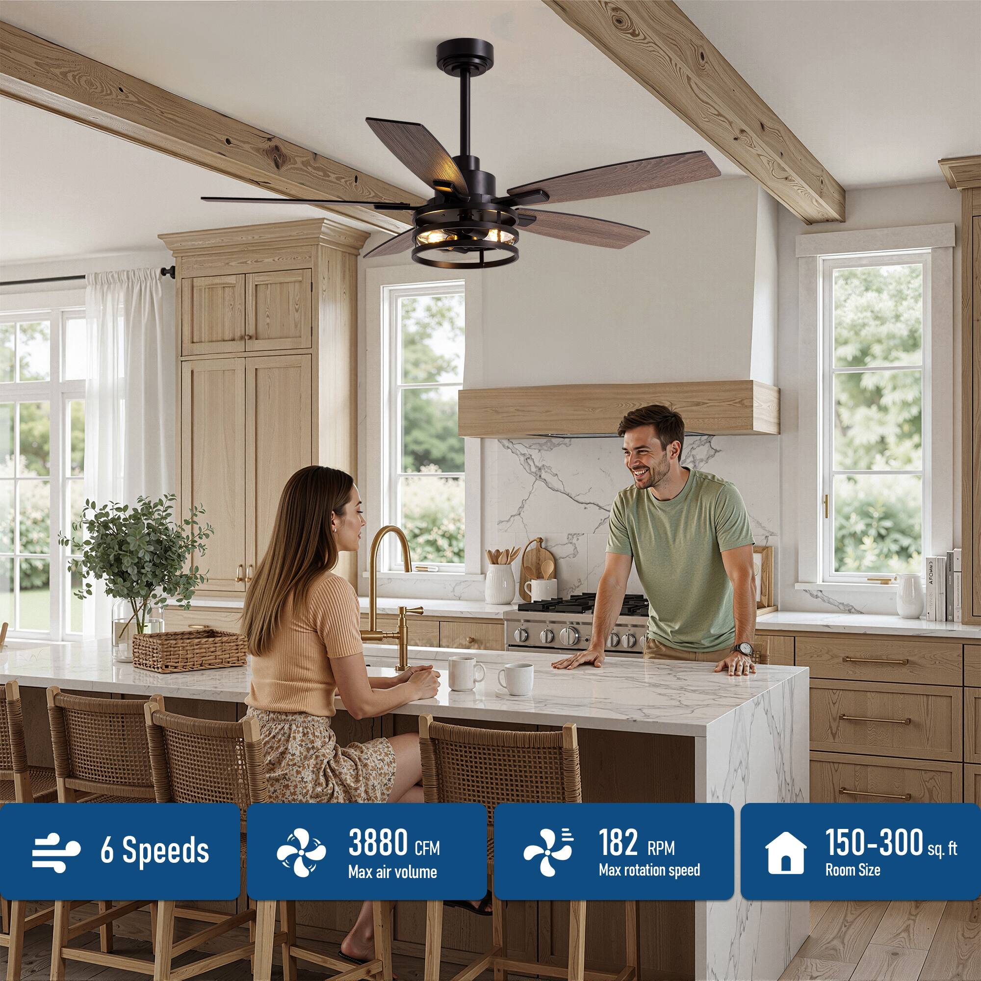 6 Speeds  
3880 CFM Max air volume  
182 RPM Max rotation speed  
150-300 sq. ft Room Size