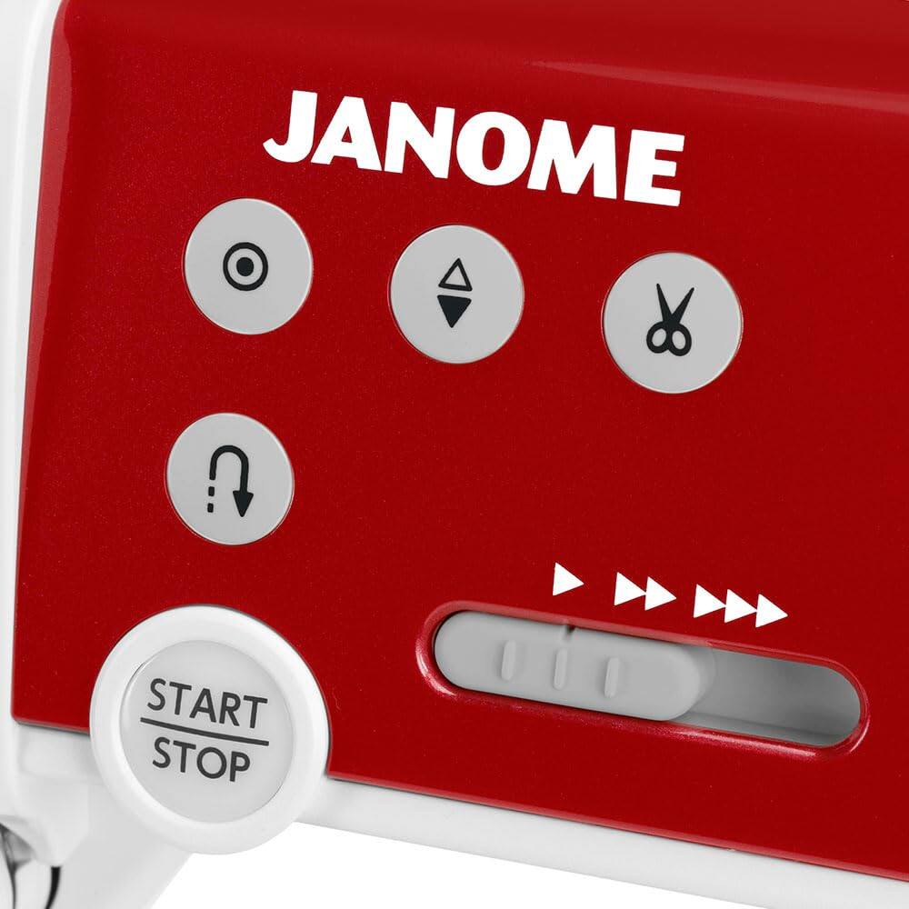 JANOME

- Power button (circle with a dot)
- Needle position button (triangle)
- Scissors button
- Help button (question mark with an arrow)
- Speed control slider with arrows

START STOP