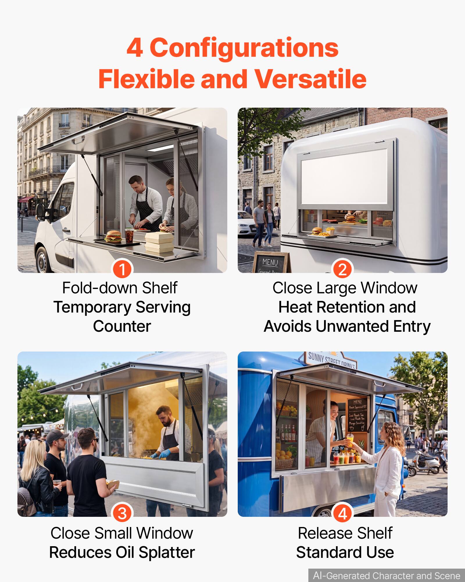 4 Configurations Flexible and Versatile

1. Fold-down Shelf Temporary Serving Counter
2. Close Large Window Heat Retention and Avoids Unwanted Entry
3. Close Small Window Reduces Oil Splatter
4. Release Shelf Standard Use

AI-Generated Character and Scene