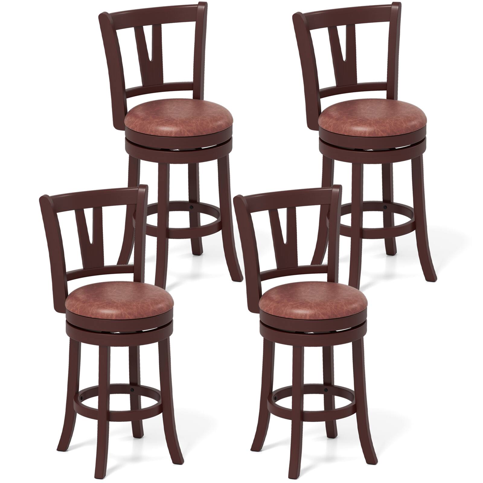Front. Gymax - Gymax 26'' Counter Height Swivel Barstools Set of 4 High Backs & Footrests Solid Wood - Brown.