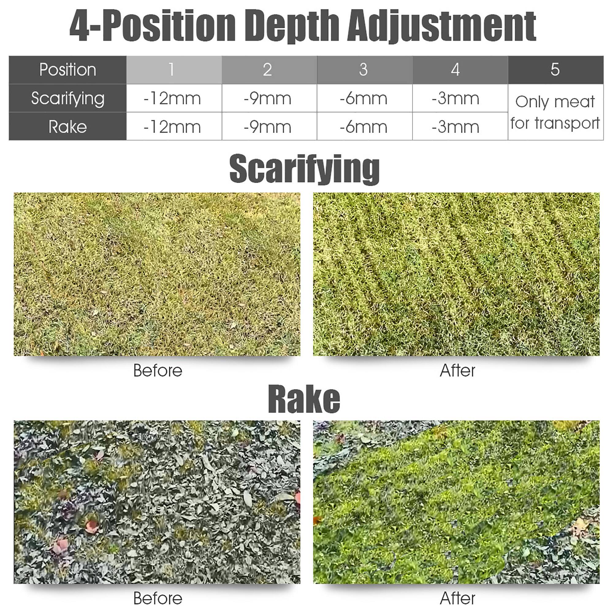 4-Position Depth Adjustment

| Position | 1    | 2    | 3    | 4    | 5                |
|----------|------|------|------|------|------------------|
| Scarifying | -12mm | -9mm | -6mm | -3mm | Only meat for transport |
| Rake     | -12mm | -9mm | -6mm | -3mm |                  |

Scarifying  
Before  
After  

Rake  
Before  
After