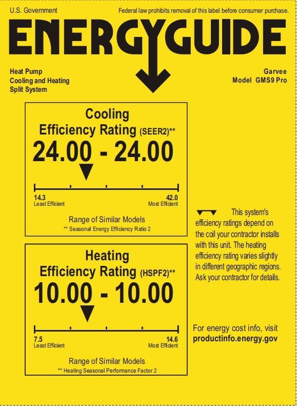 **U.S. Government**

**ENERGY GUIDE**

Federal law prohibits removal of this label before consumer purchase.

**Heat Pump Cooling and Heating Split System**

**Garvee Model GMS9 Pro**

**Cooling Efficiency Rating (SEER2)**  
24.00 - 24.00  
14.3 (Least Efficient) to 42.0 (Most Efficient)  
Range of Similar Models  
*Seasonal Energy Efficiency Ratio 2*

**Heating Efficiency Rating (HSPF2)**  
10.00 - 10.00  
7.5 (Least Efficient) to 14.6 (Most Efficient)  
Range of Similar Models  
*Heating Seasonal Performance Factor 2*

This system's efficiency ratings depend on the coil your contractor installs with this unit. The heating efficiency rating varies slightly in different geographic regions. Ask your contractor for details.

For energy cost info, visit [productinfo.energy.gov](http://productinfo.energy.gov)
