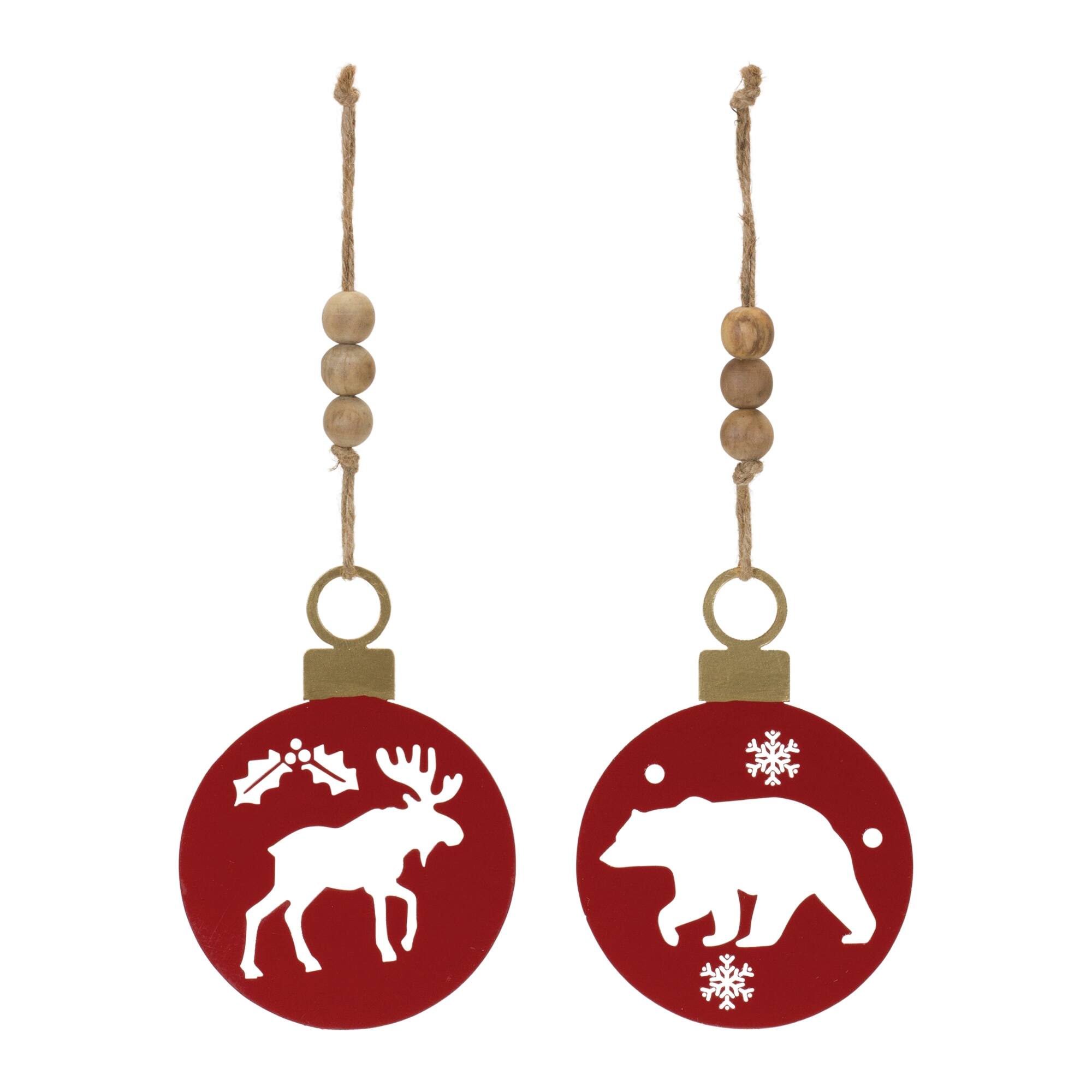 Angle. BreeBe - Metal Cut Out Bear and Moose Ornament (Set of 12) - Red, Brown.