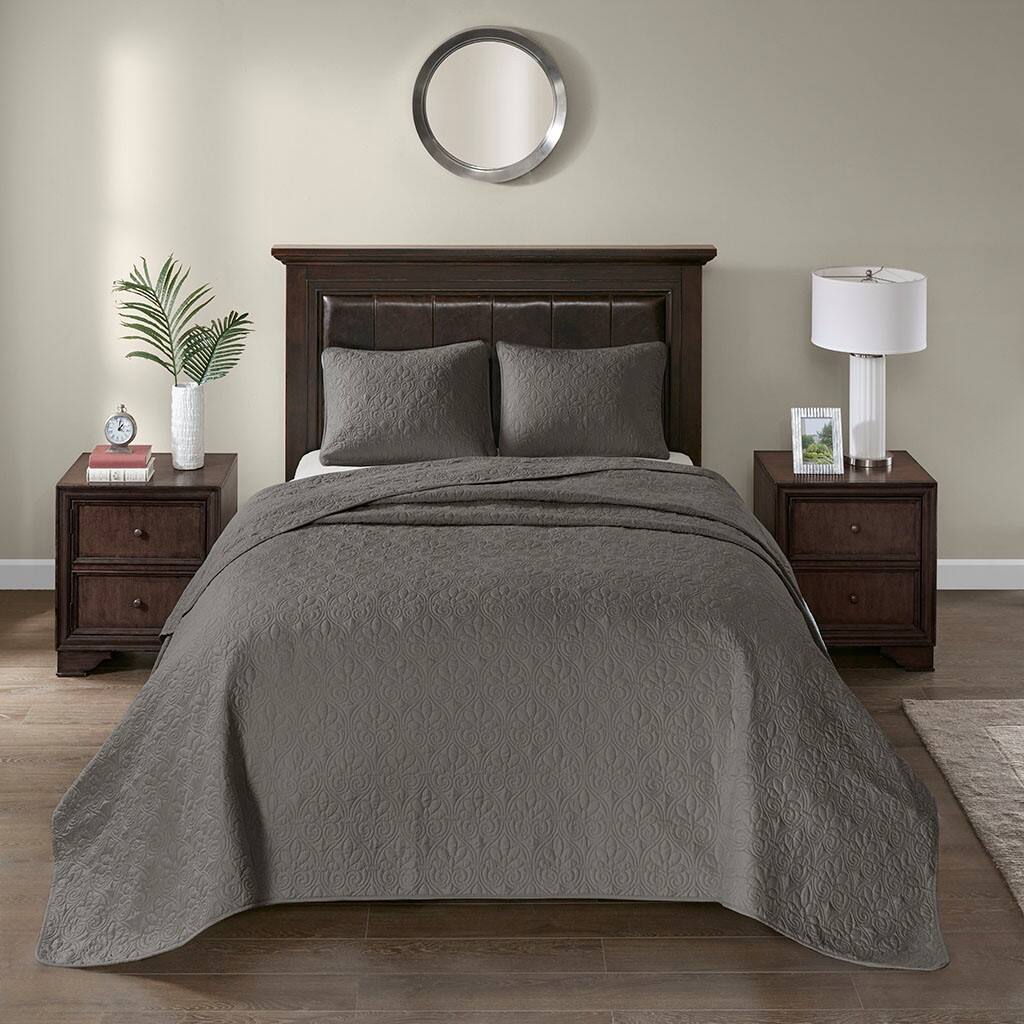 Alt View 1. Gracie Mills - Gracie Mills Sandy Reversible Bedspread Set with Classic Stitch Pattern - Dark Grey.