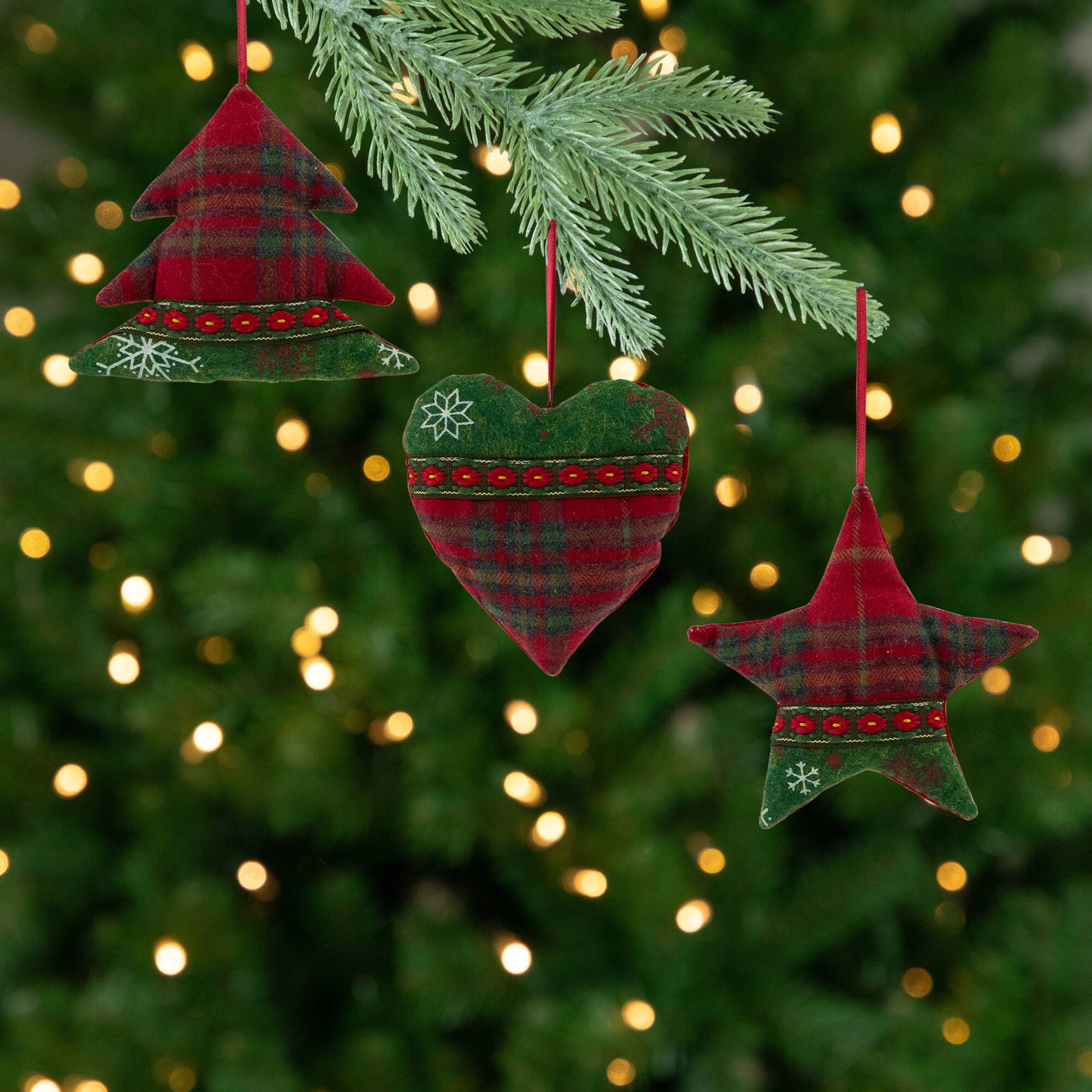Northlight - Plaid Heart, Tree and Star Christmas Ornaments - 5" - and Green - Set of 3 - Red