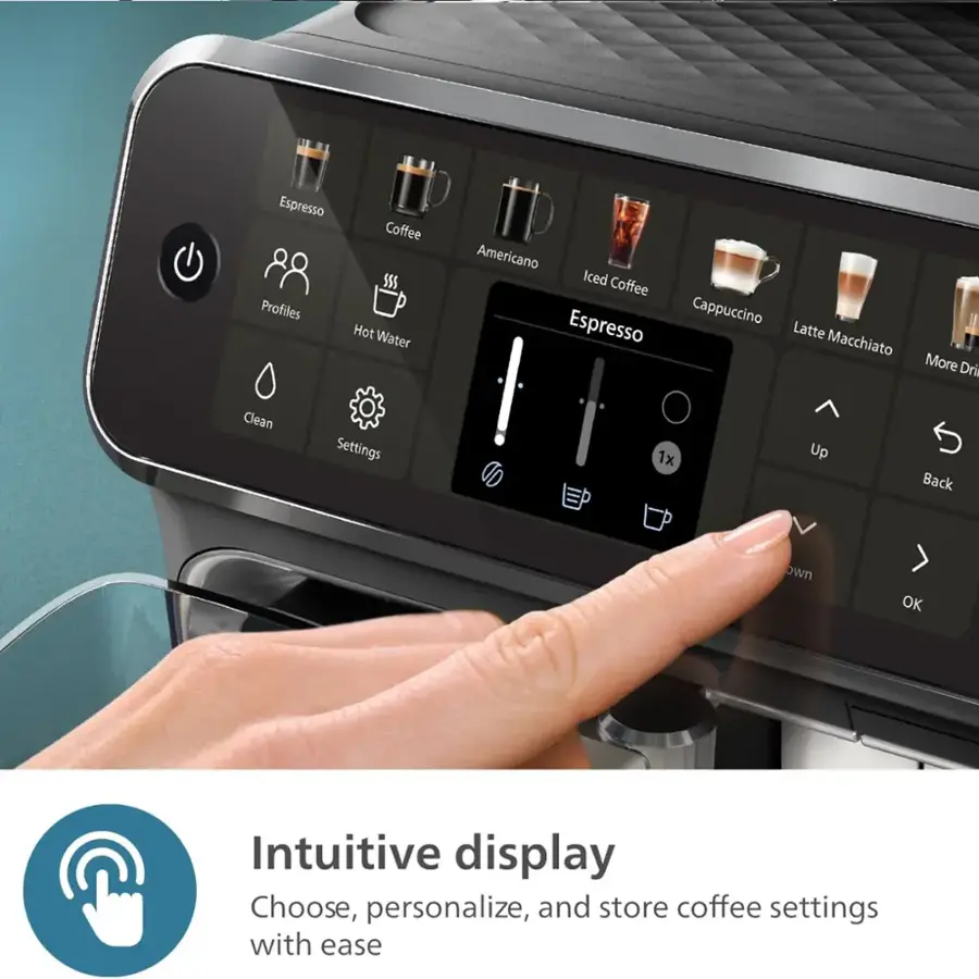 Intuitive display: Choose, personalize, and store coffee settings with ease.