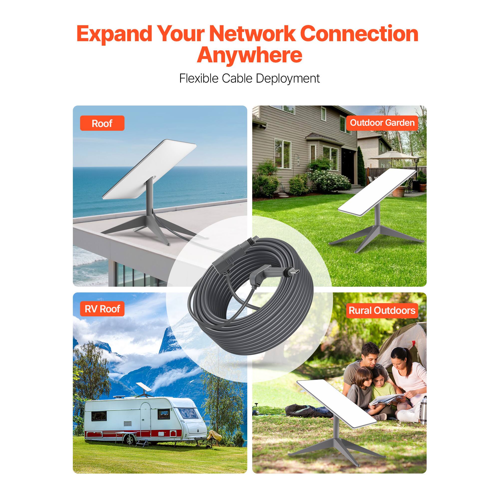 Expand Your Network Connection Anywhere  
Flexible Cable Deployment  
- Roof  
- Outdoor Garden  
- RV Roof  
- Rural Outdoors