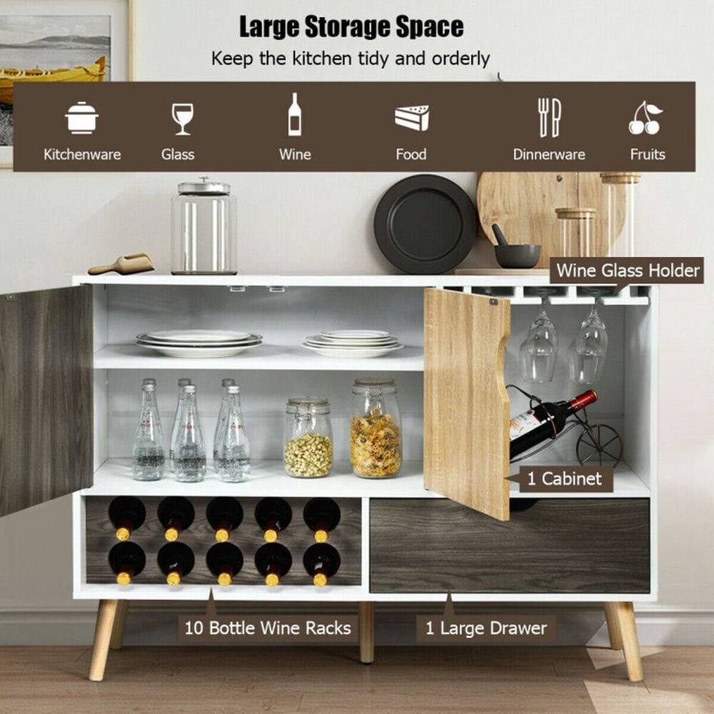 Large Storage Space  
Keep the kitchen tidy and orderly  

- Kitchenware  
- Glass  
- Wine  
- Food  
- Dinnerware  
- Fruits  

- Wine Glass Holder  
- 1 Cabinet  
- 10 Bottle Wine Racks  
- 1 Large Drawer
