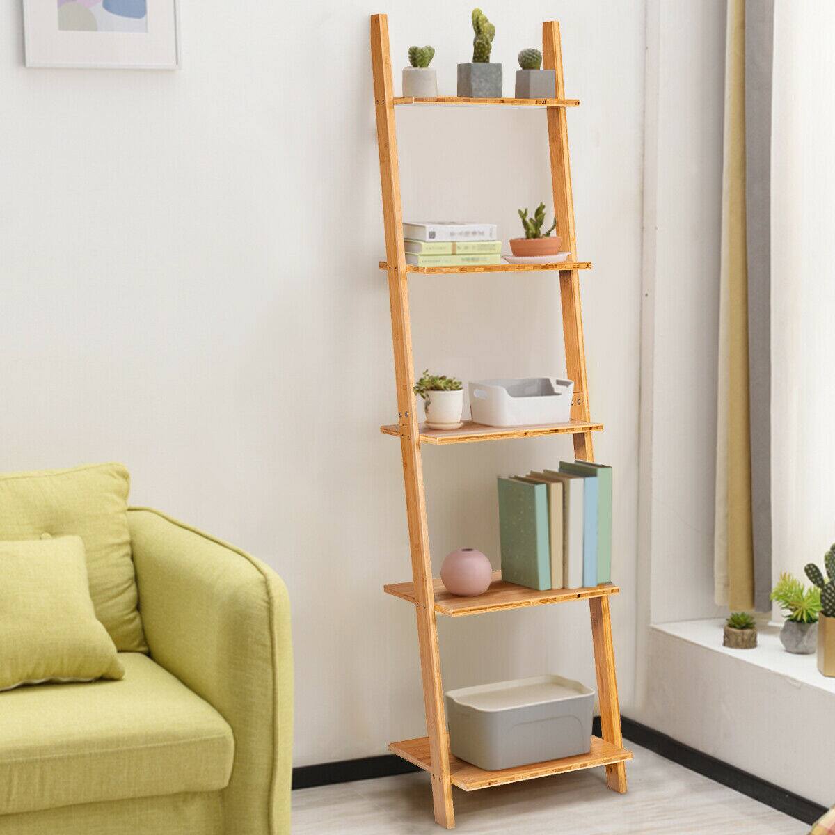 Alt View 5. Gymax - Gymax 5-Tier Ladder Shelf Modern Bamboo Leaning Bookshelf Ladder Bookcase Open Display - Natural.