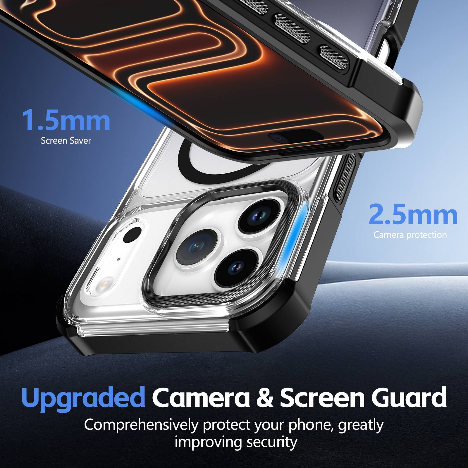 1.5mm Screen Saver  
2.5mm Camera protection  
Upgraded Camera & Screen Guard  
Comprehensively protect your phone, greatly improving security