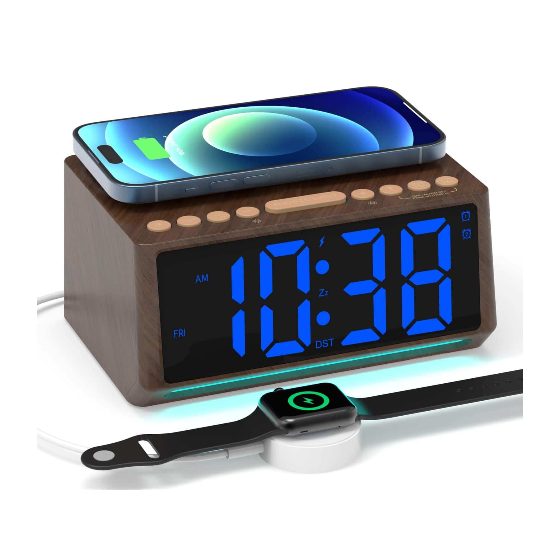 Dazzed Corner - Retro Digital Alarm Clocks, Desk Clock with Wireless Charging Station,12/24H - Brown