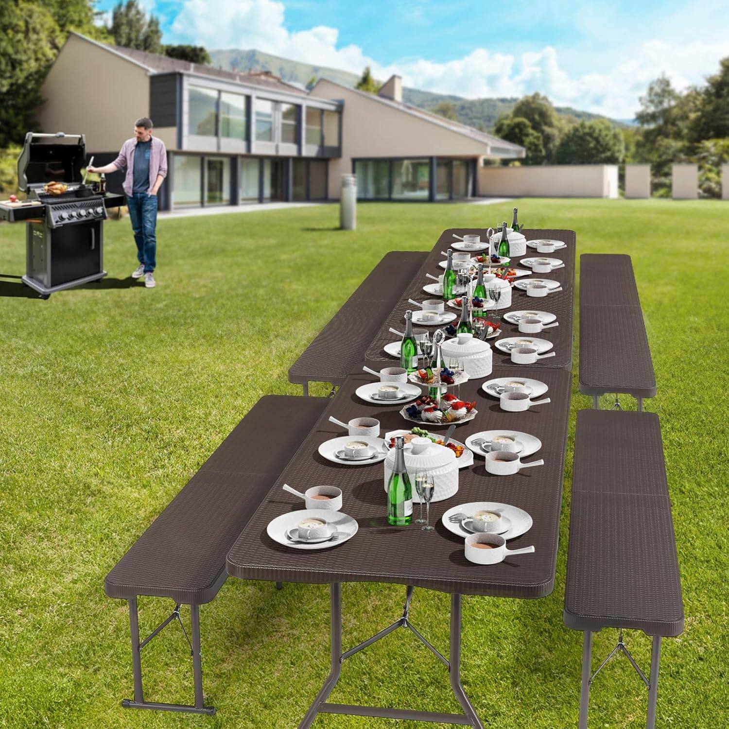 Alt View 7. Winado - 6FT Plastic Folding Table Rectangular Portable Rattan Patterned HDPE Tabletop with Carrying Handle for Indoor Outdoor - Brown.