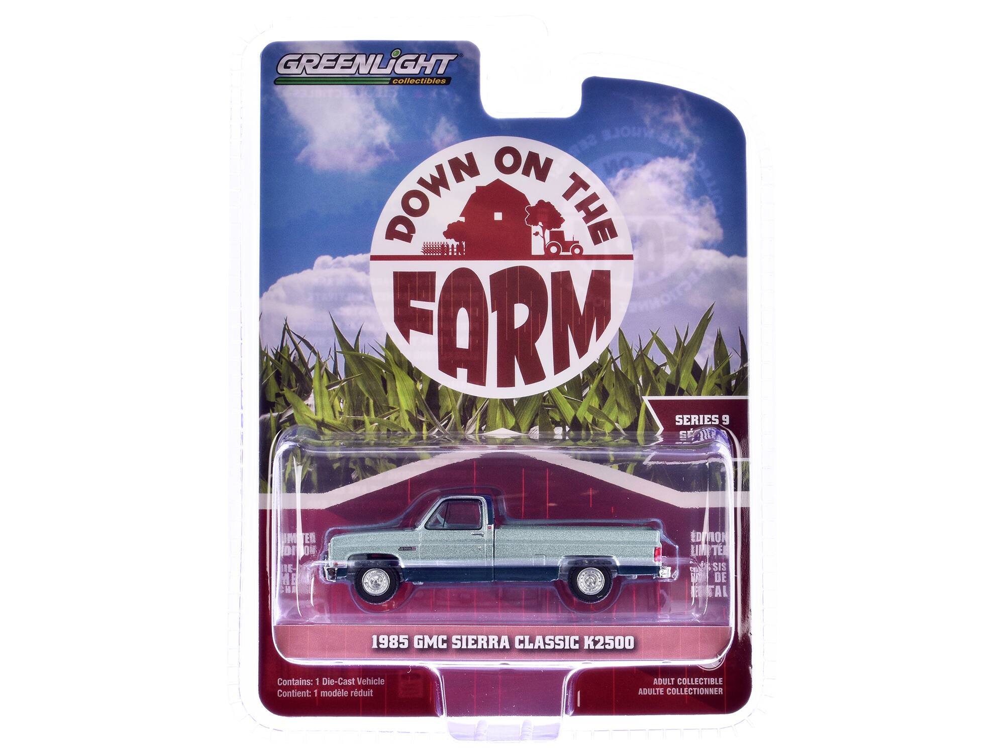 GREENLiGHT collectibles  
DOWN ON THE FARM  
SERIES 9  

1985 GMC SIERRA CLASSIC K2500  
Contains: 1 Die-Cast Vehicle  
Contient: 1 modèle réduit  

ADULT COLLECTIBLE  
ADULTE COLLECTIONNER