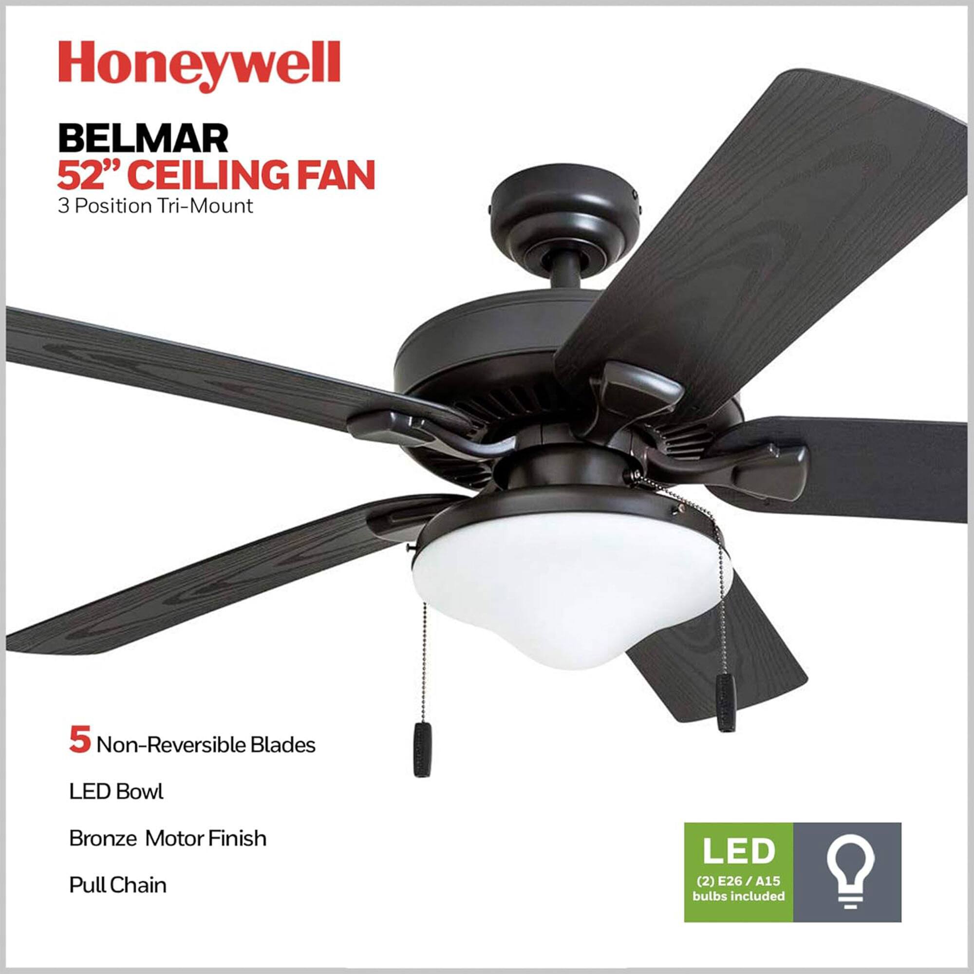 Honeywell BELMAR 52" CEILING FAN 3 Position Tri-Mount 5 Non-Reversible Blades LED Bowl Bronze Motor Finish Pull Chain LED (2) E26/A15 bulbs included